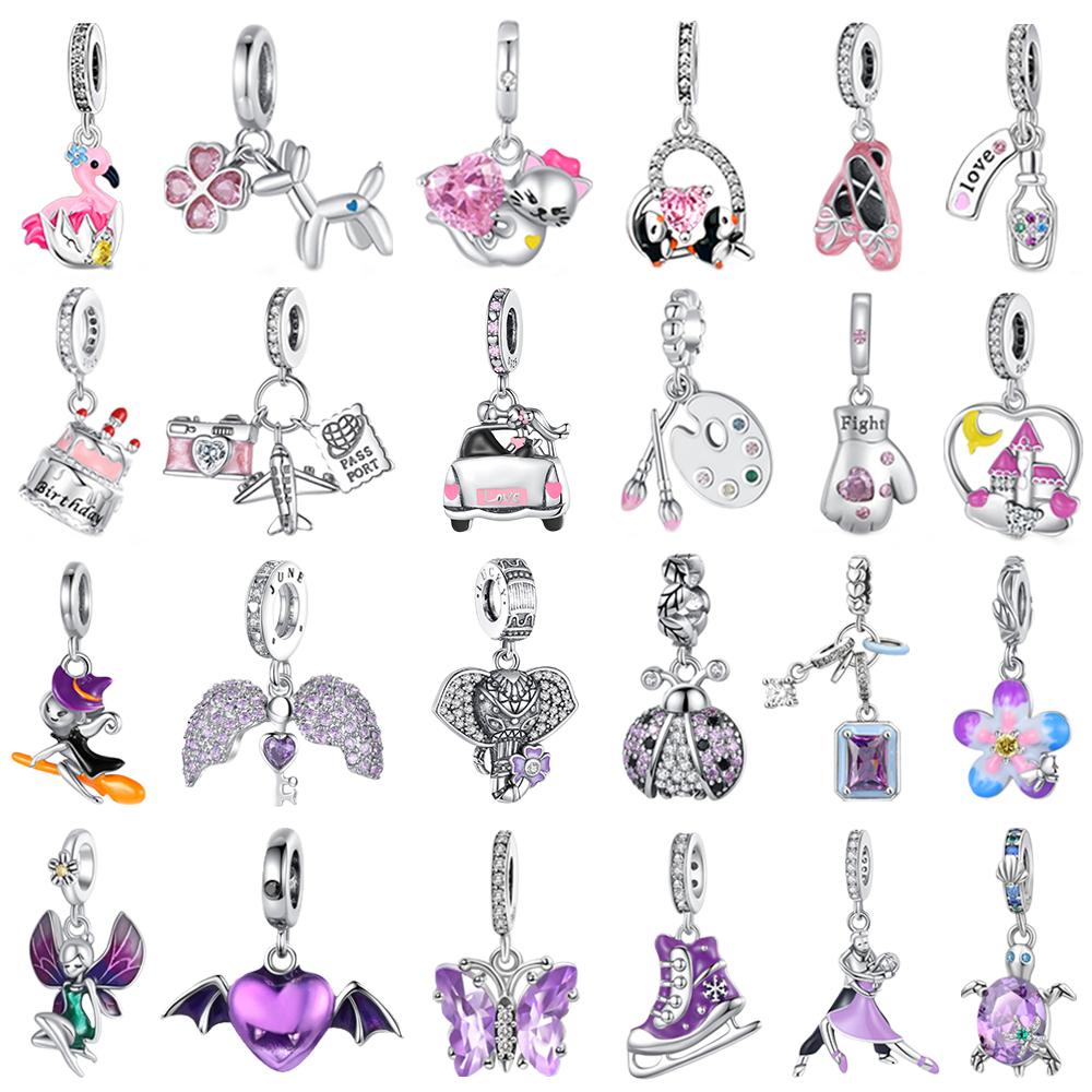 Authentic Original Copper Metal Flamingo Elephant Cat Airplane Elf Heart Pink Purple Charm Bead Components Designed For Pan Bracelet High Quality