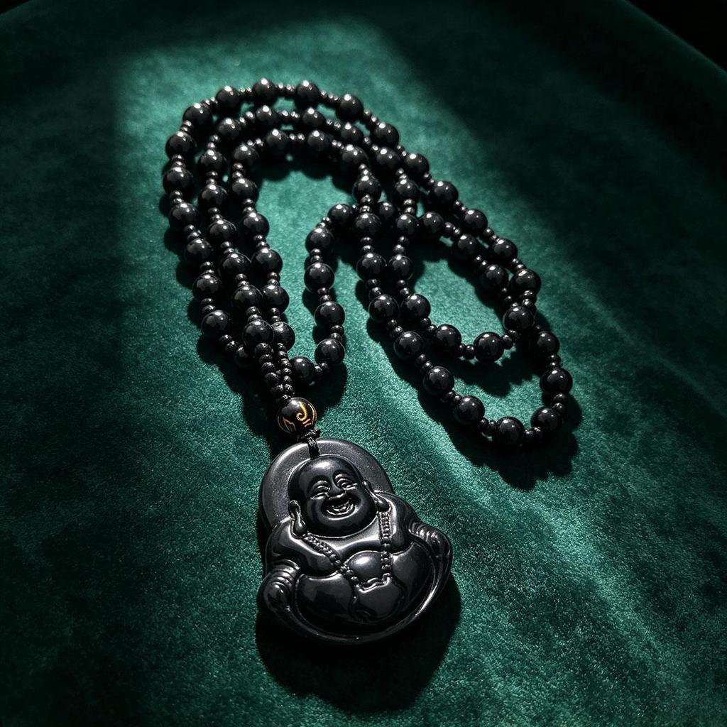 Daily new style black laughing Buddha pendant with beads necklace Buddha amulet men and women couple versatile accessory sweater chain