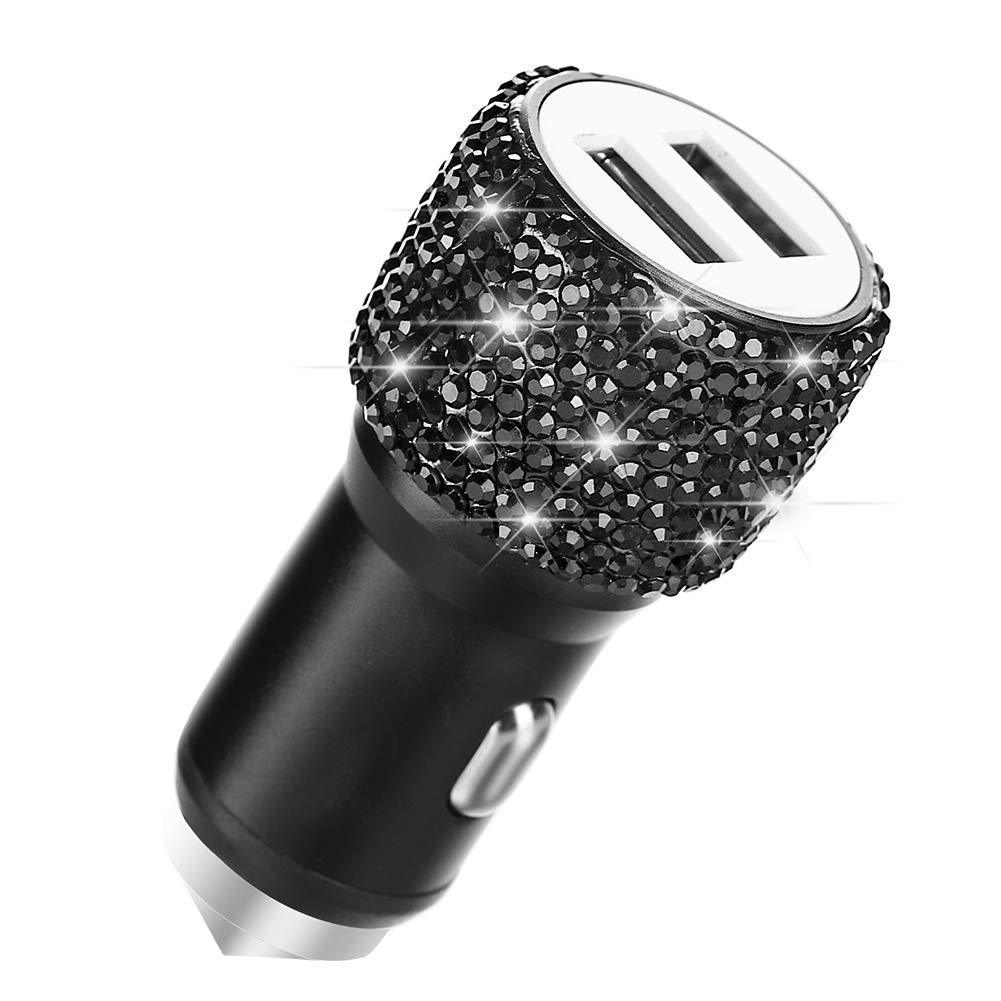 Diamond-mounted Dual USB Car Charger Multifunction Safety Hammer Fast Charging with Bling Rhinestones Aluminum Alloy Car Charger