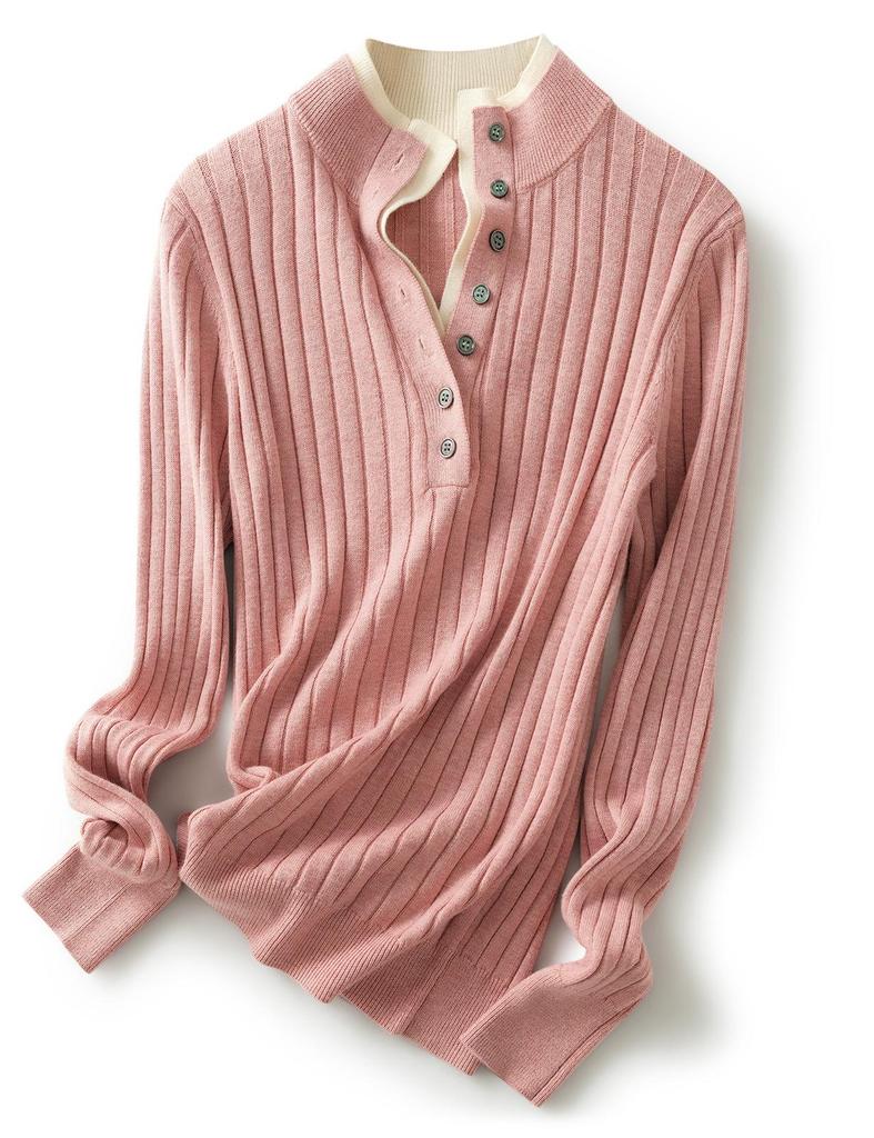 Women's Ribbed Knit Double-Layer Pullover Sweater with Stand Collar - Long Sleeve, Color Block Design for Autumn/Winter