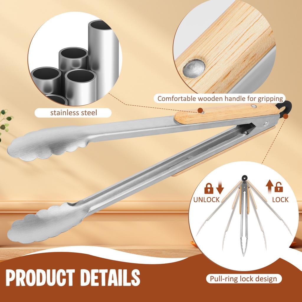 Stainless steel barbecue food tongs with wavy edges strong heat resistance ergonomic handle kitchen cooking tongs