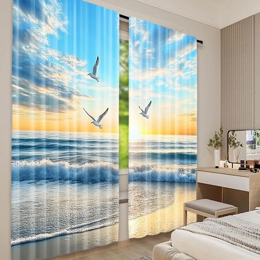2 Τεμάχια Κουρτίνες με Σχέδιο Πουλιά να Πετούν Δίπλα στη Θάλασσα Κατάλληλες για Υπνοδωμάτιο Κουζίνα Τραπεζαρία Σαλόνι Γραφείο Μπάνιο