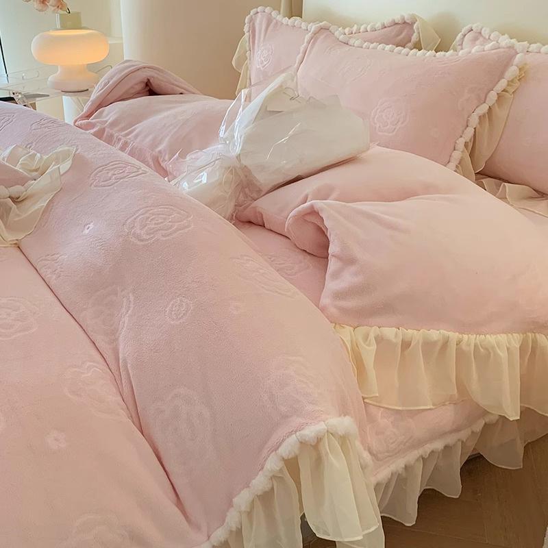 Double-Sided Thickened Milk Coral Fleece Bed Four-Piece Set Flannel Bedding Bed Skirt Fleece Sheet Quilt Cover