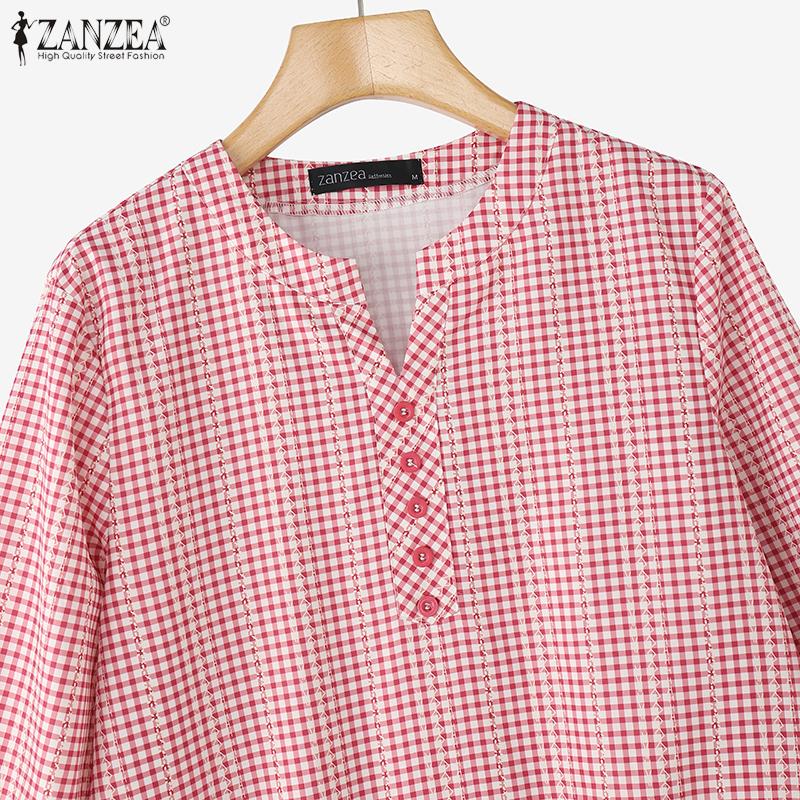 ZANZEA Women Casual Round Neck Grid Print Loose 3/4 Sleeve Blouse