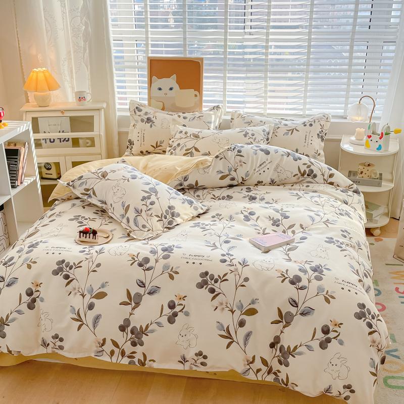 Watercolor Flower Duvet Cover Cotton Cartoon Bunny Comforter Cover Lovely Farm Animal Rabbit Bedding Set for Girly Bedroom Decor