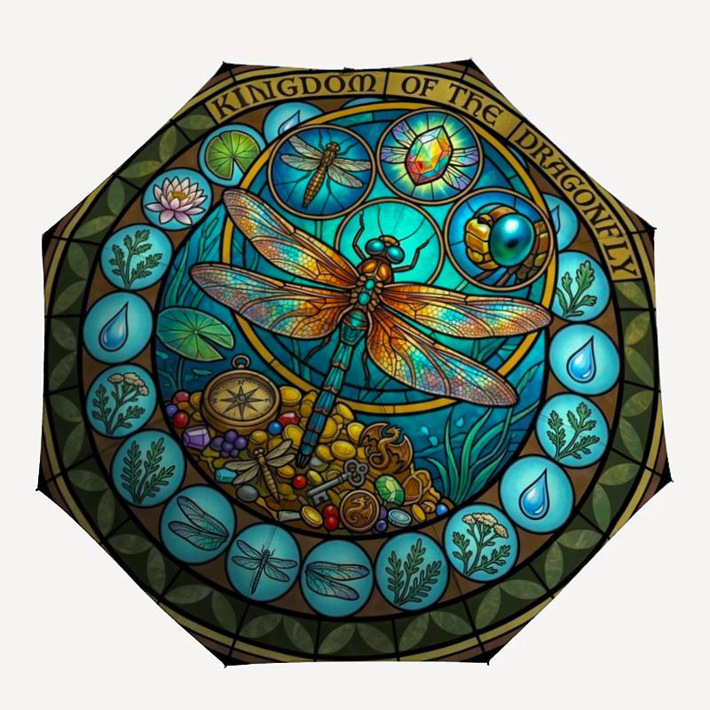 Dragonfly Kingdom Glass pattern umbrella, portable and foldable design, 8 ribs, a casual accessory for Halloween, Christmas, and birthday gifts.