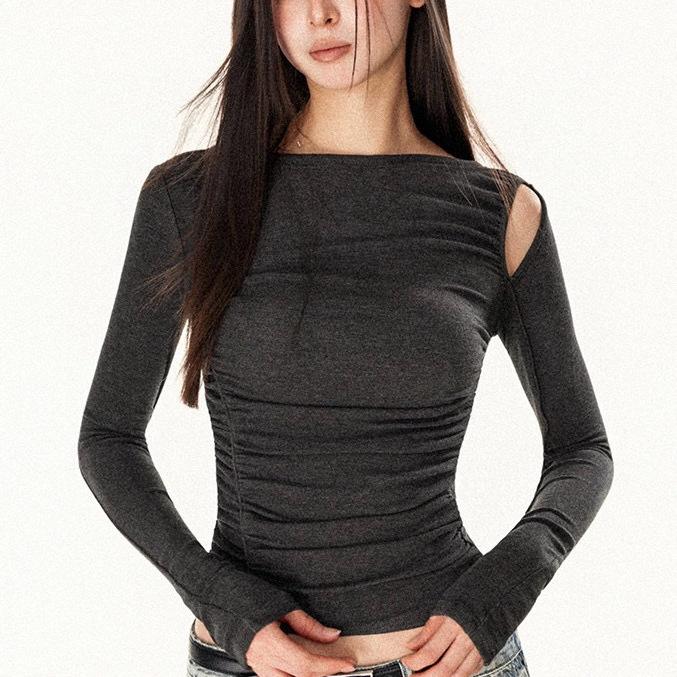 Spicy Girl Waist-Cinching Long-Sleeve Pleated T-Shirt - Slim-Fit, Figure-Flattering Design for Early Autumn