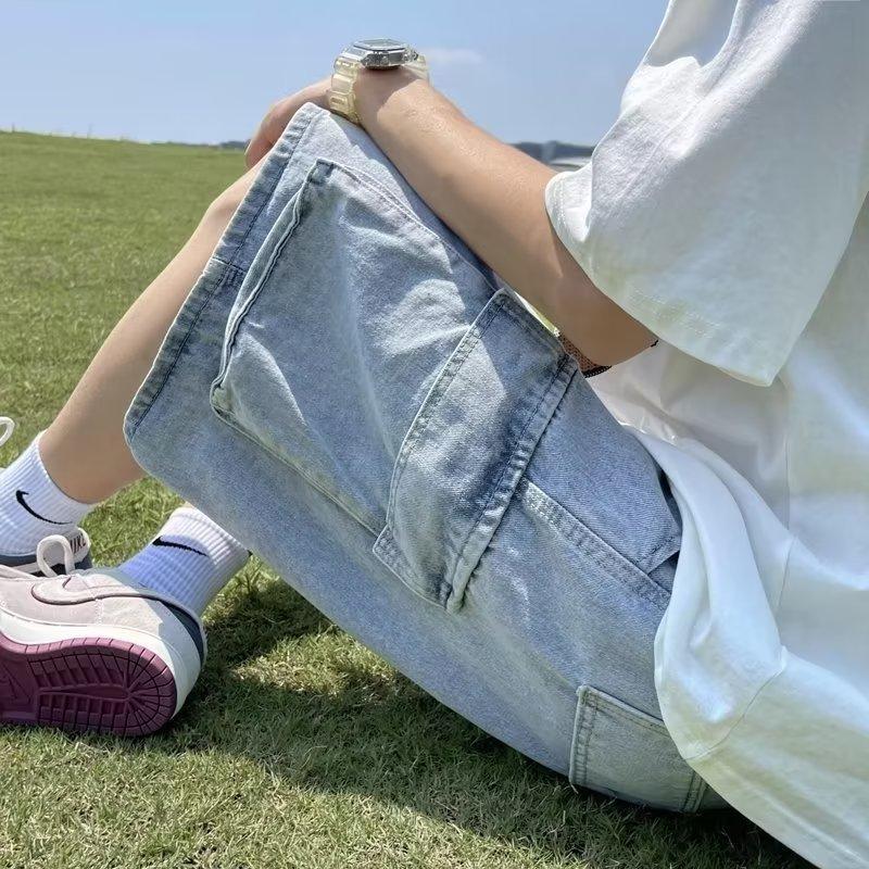 Summer Men Denim Short Streetwear Vintage Korean Harajuku Pocket Jeans Shorts Hip Hop Cargo Pants Oversized Bottoms Male Clothes