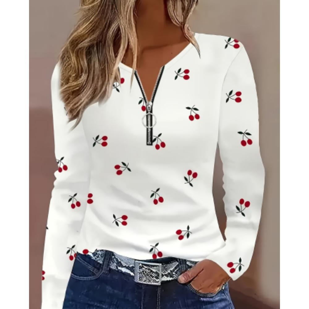 Autumn and winter zipper V-neck long-sleeved love cute printed casual tops women's shirts fashion loose shirts tops for women
