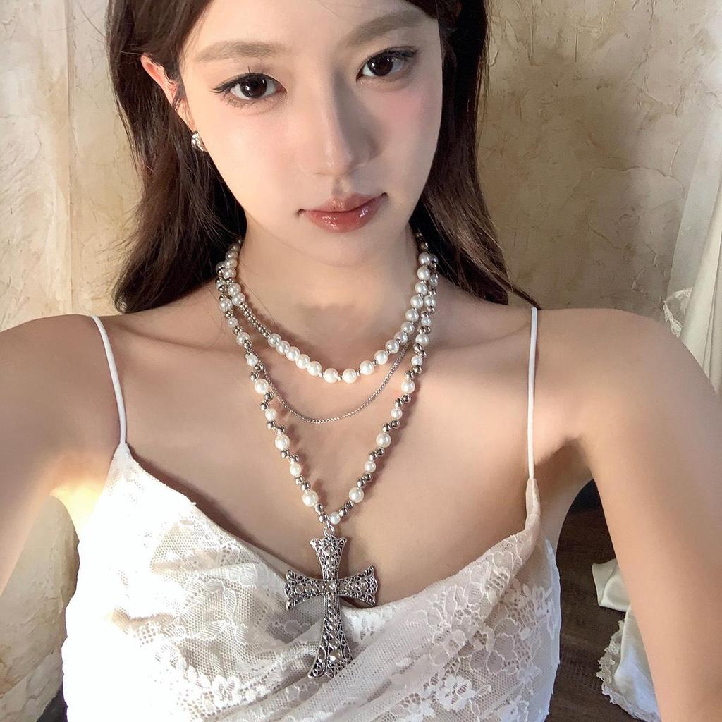 Französische Strass Kreuz Mehrschichtige Anhänger Halskette – Süßer, Cooler, Würziger Stil Schlüsselbeinkette, Einzigartiges Nischen-Design für Frauen