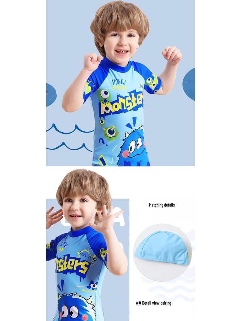 Chlapecké kreslené jednodílné plavky s krátkým rukávem na zip a ochranou proti slunci (2025)