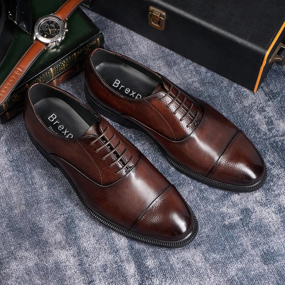 Fashion 2025 Men's Italian Style Handmade Genuine Cow Leather Oxford Dress Shoes High Quality Formal Suit Footwear for Wedding