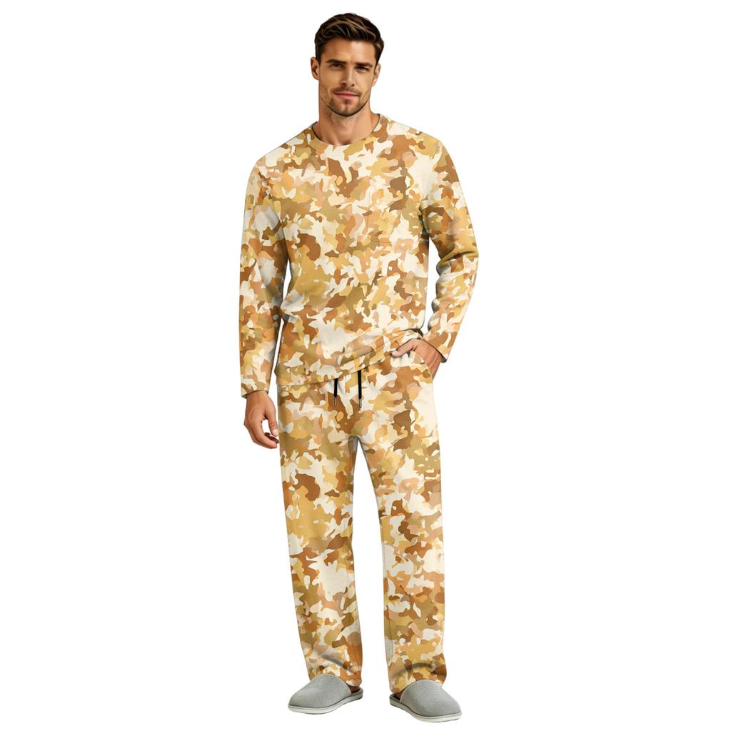 Men's Long Sleeve Pajama Set with Button Crotch and Elastic Drawstring Waist Pants for Home Loungewear