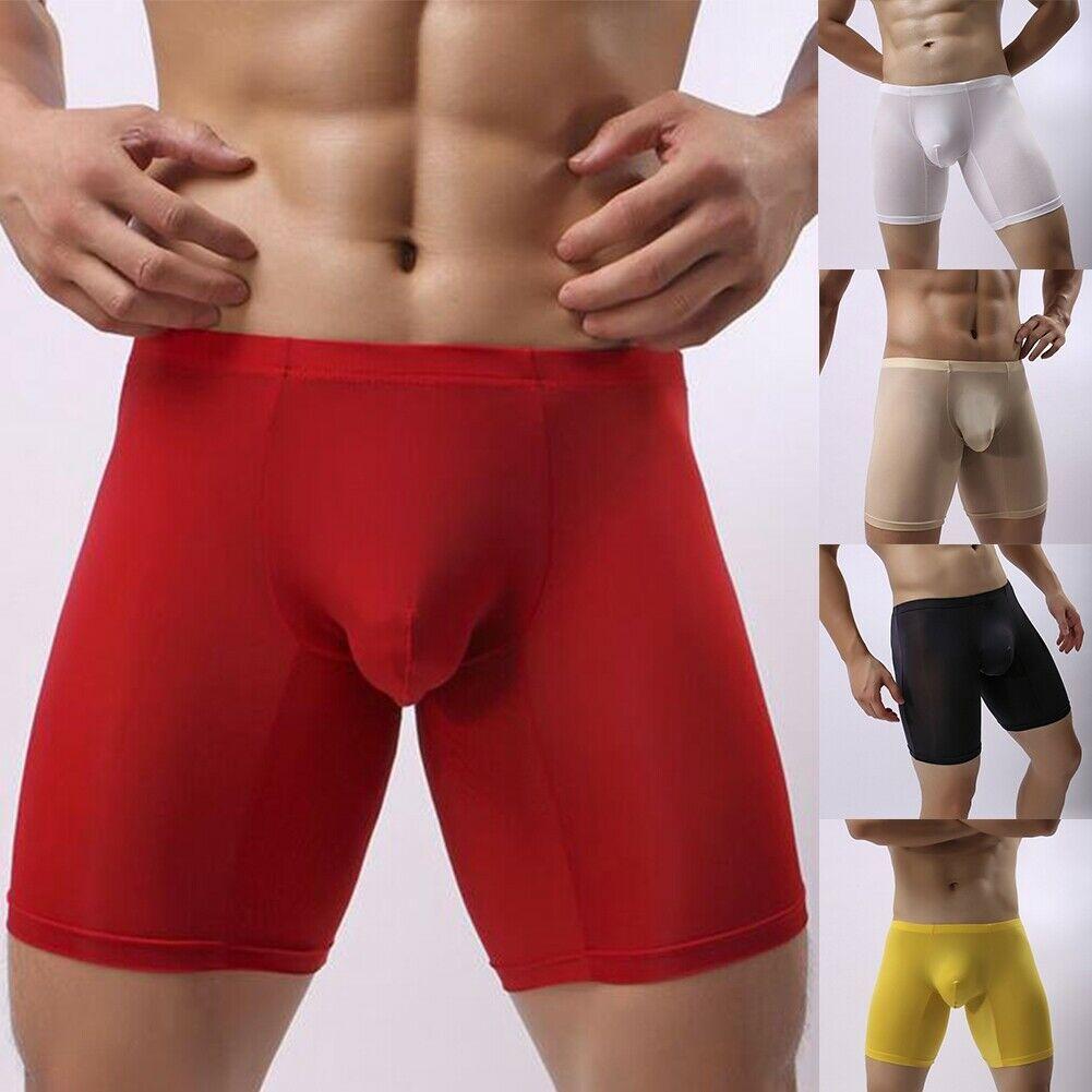 Men Long Leg Boxer Trunk Sport Breathable Bulge Pouch Briefs Ice Silk Underwear