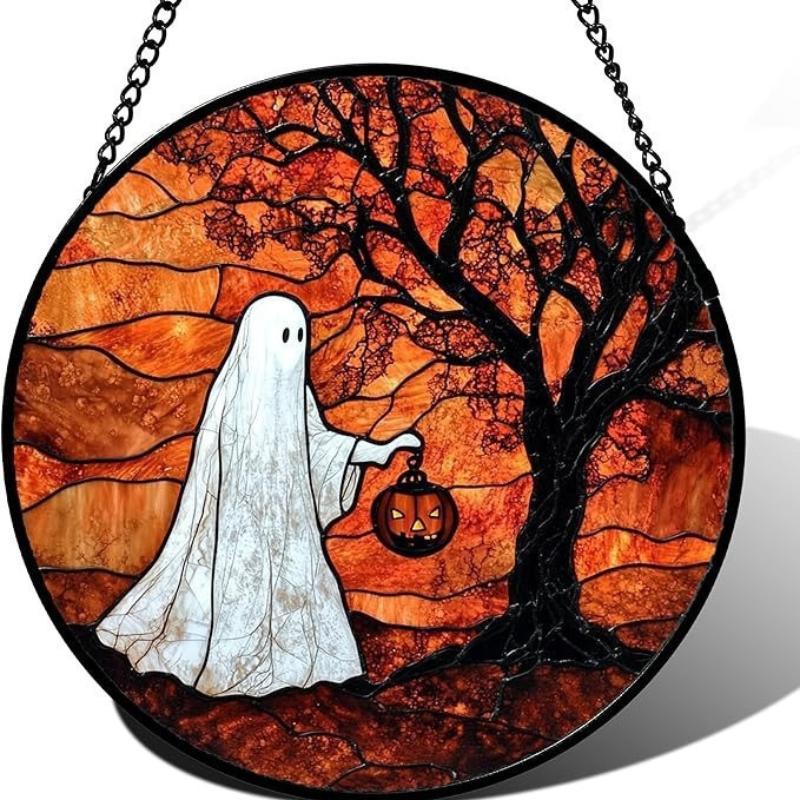 Halloween Stained Glass Pumpkin Suncatcher Adorable Ghost Design Hanging Window Decor for Indoor Outdoor Holiday Party
