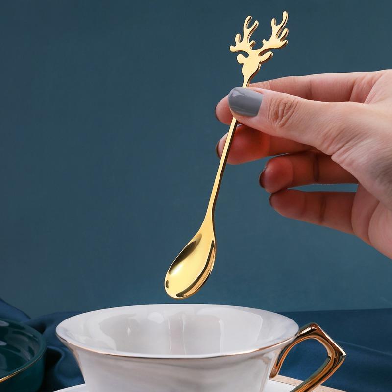 4pcs Christmas Elk Head Shape Stainless Coffee Spoon New Year 2026 Christmas Decoration Table Decor for Home Navidad 2025 Gifts