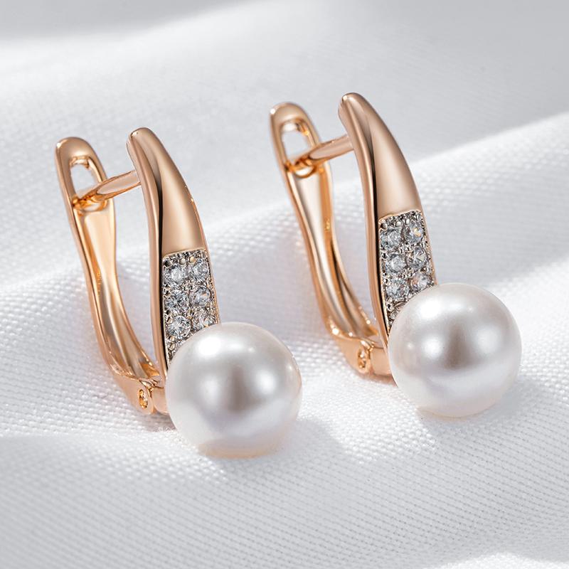 Fashion Pearl Long Drop Earrings For Women  Rose Gold  Color Mix With White Natural Zircon Daily Fine Jewelry