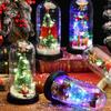 Mini LED Artificial Christmas Tree Decoration with Glass Dome Christmas Tree Night Light Table Ornament Xmas Gift for Children
