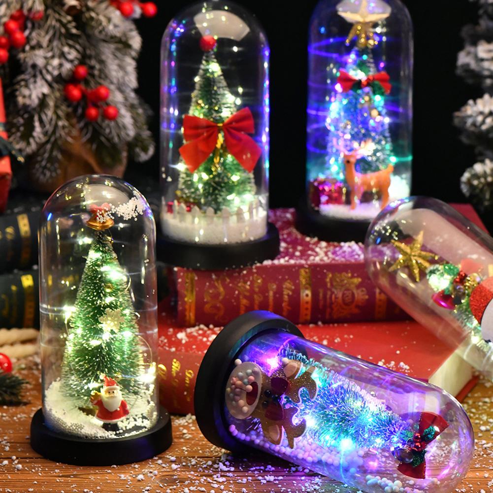 Mini LED Artificial Christmas Tree Decoration with Glass Dome Christmas Tree Night Light Table Ornament Xmas Gift for Children