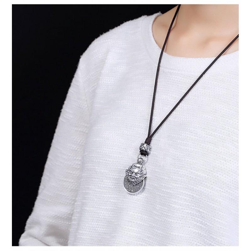 Vintage Chinese Zhong Kui Pendant Necklace Men Women Copper Charm With Leather Cord Retro Ethnic Style