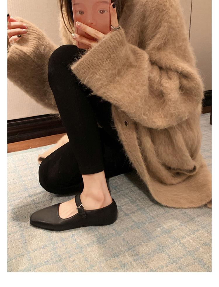 Inner Heightening Version~ Leather Thick-soled One-word with Mary Jane Shoes, Women's Wedge Heel Niche Flat-soled Small Leather Shoes, Thick Heel