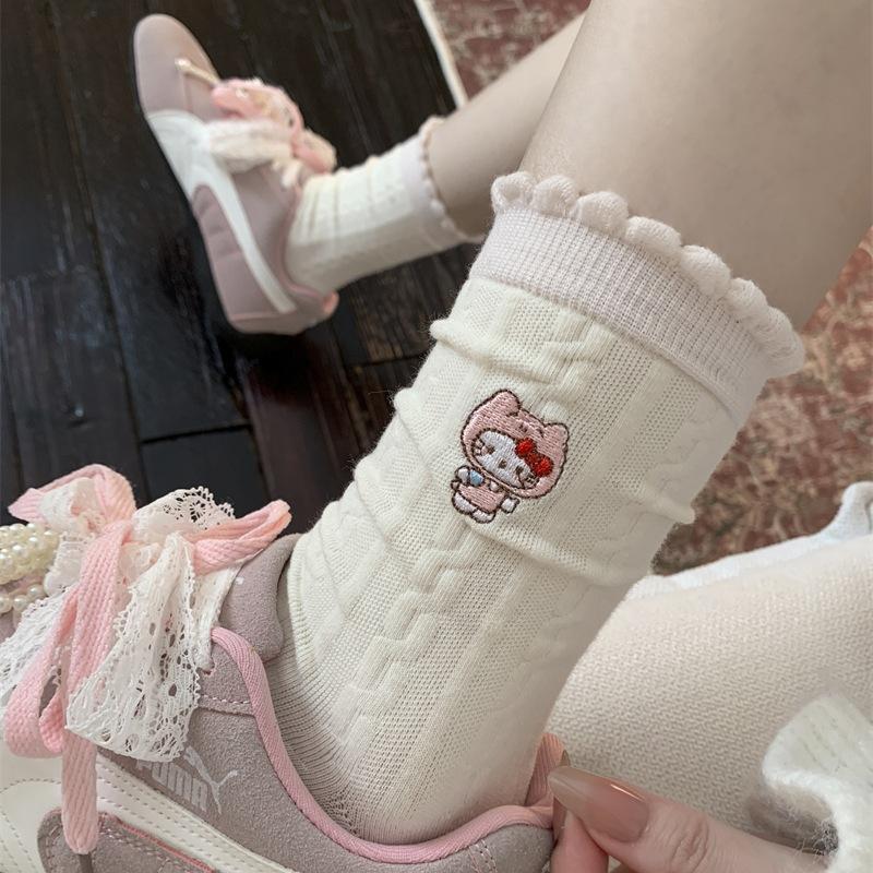 Cartoon Embroidery Cat Twist Rolled Hem Socks Leopard Print Cuffed Mid-Leg Socks Fashionable Wear Piles Of Socks Outside