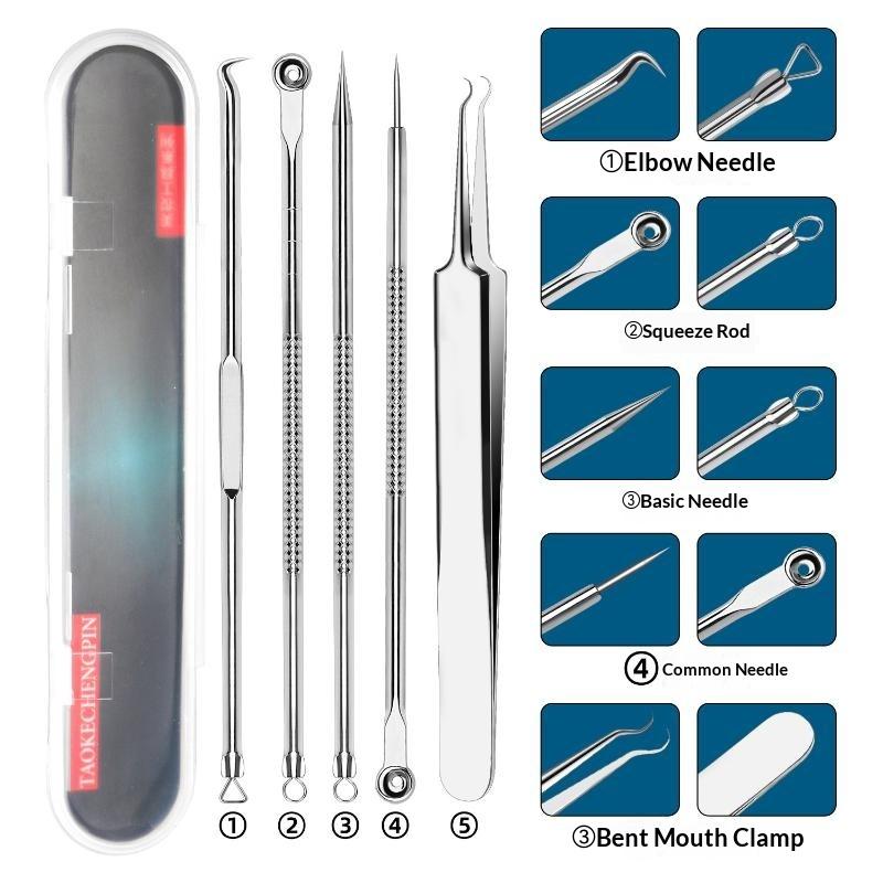 5pcs Durable Stainless Steel Curved Tweezers Blackhead Comedone Extractor Pimple Remover for Daily Beauty Use
