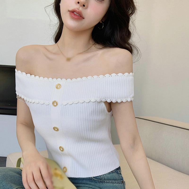 

Женские топы с открытыми плечами, кружевной пэчворк, вязаные, корейская версия, летняя женская футболка с коротким рукавом