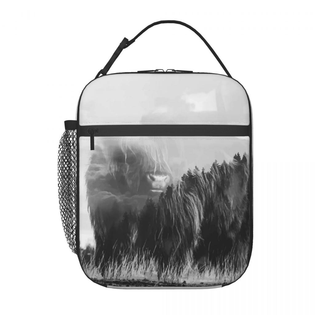 Grey Highland Yak Pattern Insulated Lunch Bag for Women Children Portable Food Boxes Thermal Lunch Box Tote