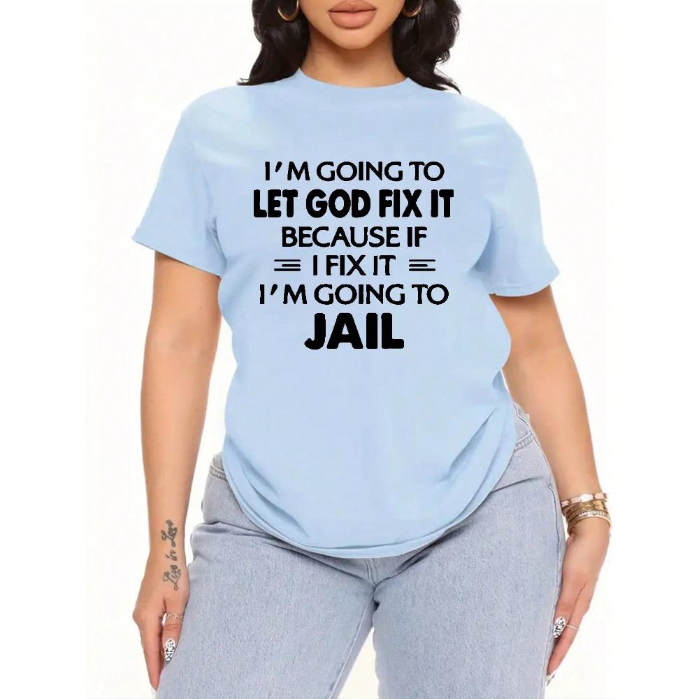 Large Size Women's Slogan Printed Round Neck Loose Short Sleeved Casual T-shirt, Suitable for Daily Commuting and Shopping