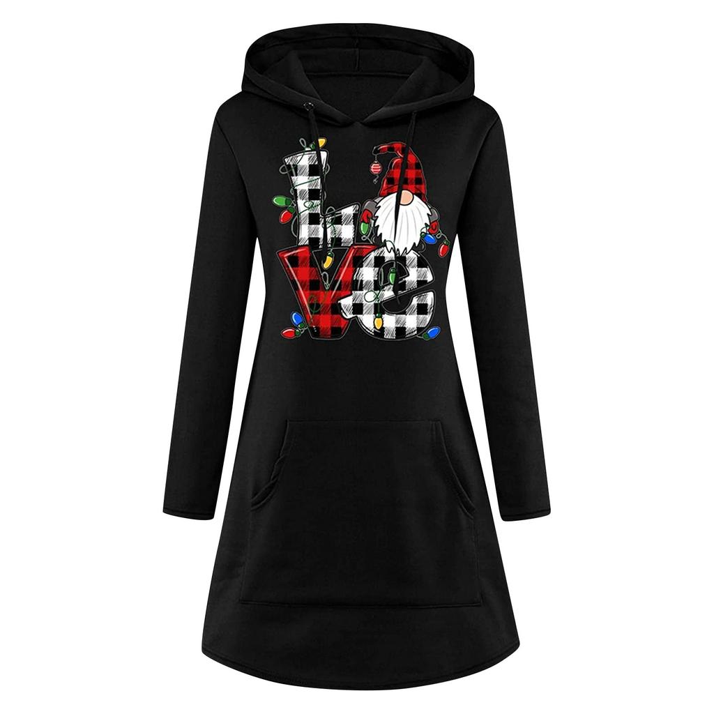 Modisches, lässiges Damen-Pullover-Kleid mit Weihnachtsmotiv, langärmelig und mit Kapuze