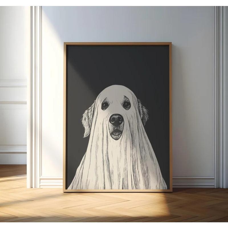 Ghost Dog Print, Vintage Golden Retriever Ghost Art, Ghost Wall Art  Poster, Halloween Wall Art, Spooky Poster, Halloween Decor 21X30CMNo Framed