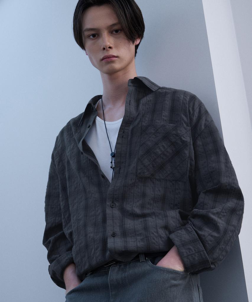DRAW FIT Seersucker Smoke Check Shirt [Charcoal]