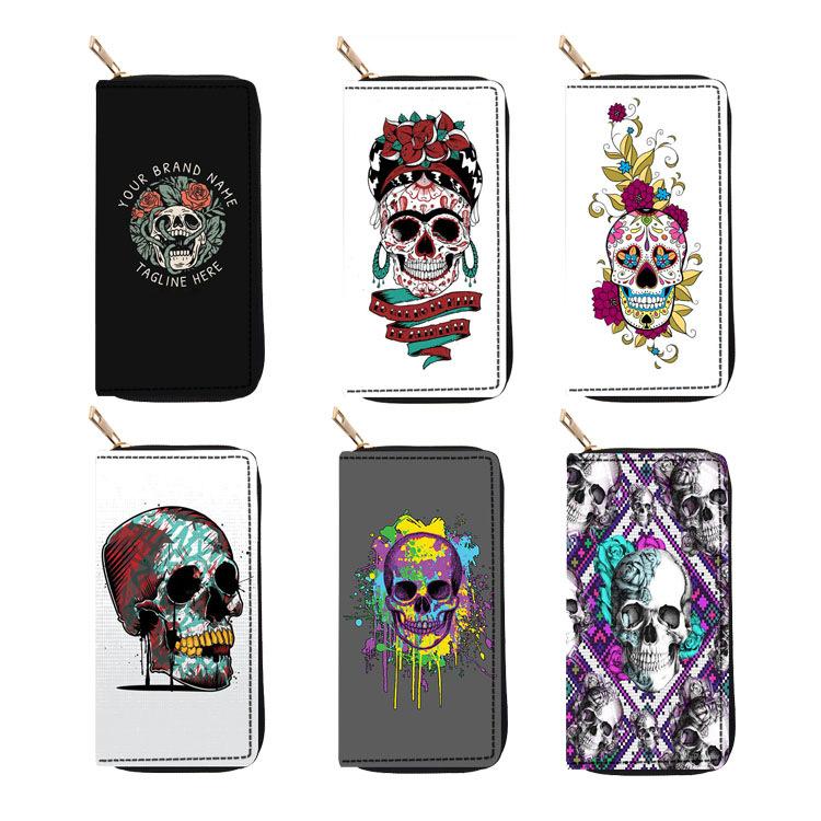Skull long zipper wallet, card bag, clutch bag, wallet.
