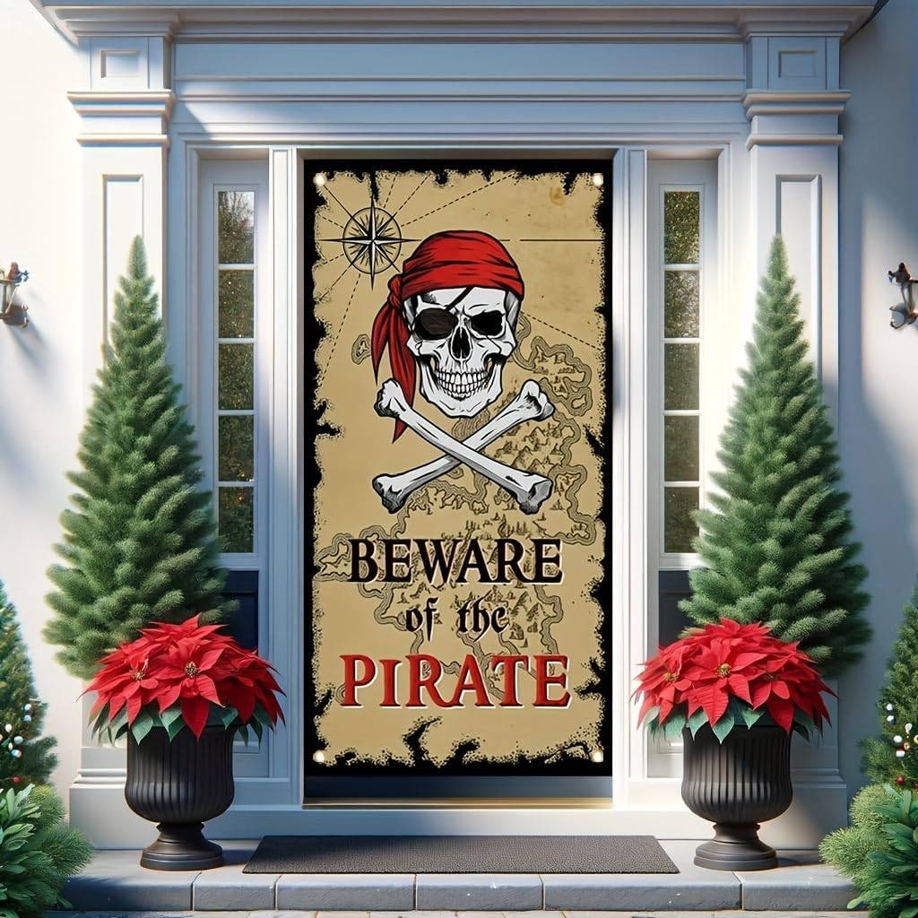 Pirate Door Cover Banner Beware of the Pirate 71x35 Inch Party Door Sign for Front Door Skull Map Design Door Cover for Halloween Theme Party Outdoor