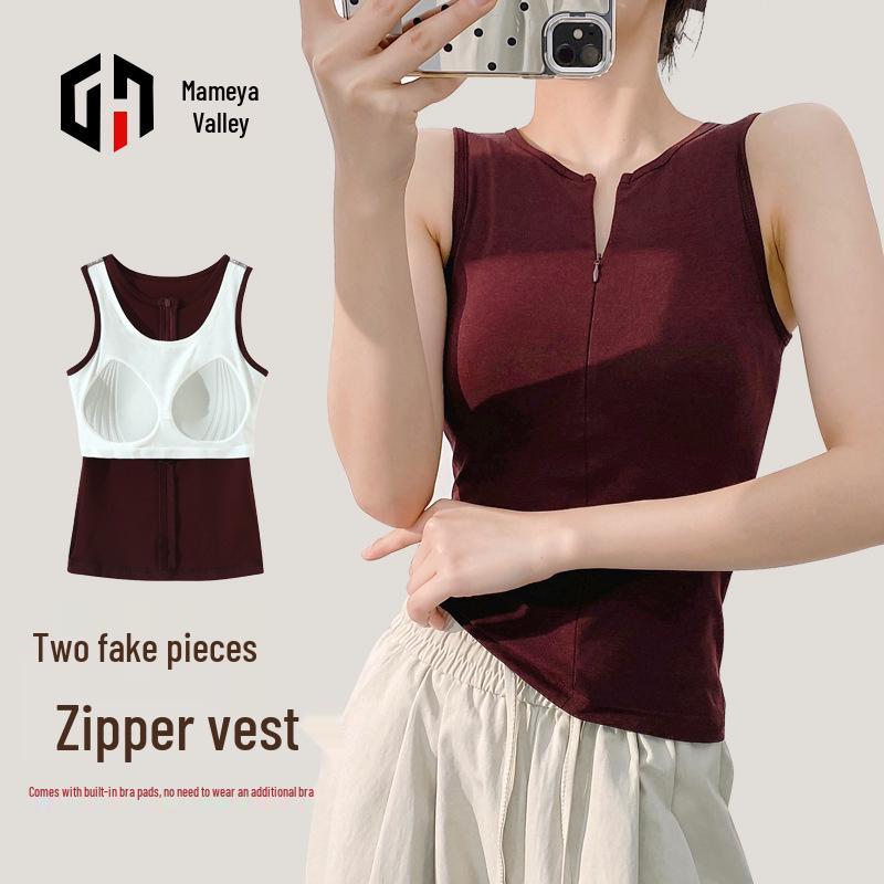 

Women s Silk Camisole with Chest Pads, 2025 Style, Zippered Fake Two-Piece, High-End Beauty Back Design. L чорний