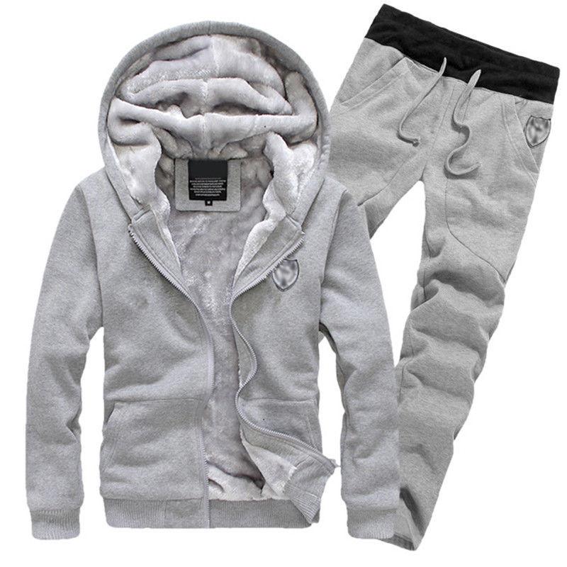 

2 шт. Зимний мужской фитнес-костюм Комплект Толстовка с капюшоном для бега Свитшот Брюки Повседневный костюм Grey,M