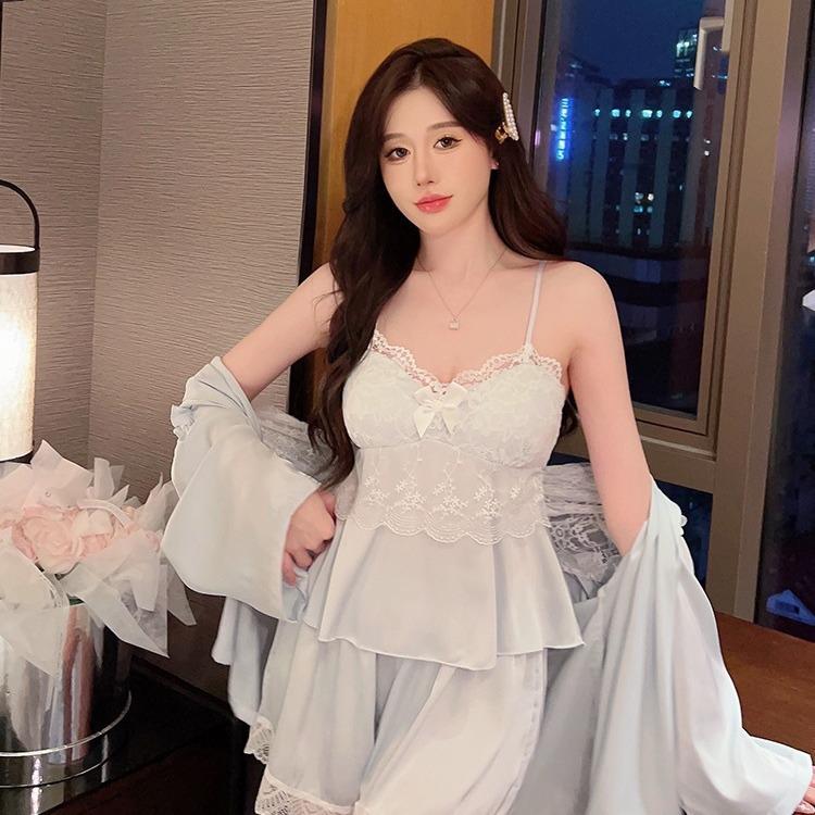 [Mocha] Ice Silk Pajamas Women's Spring Long Sleeve Lace Hollow Pure Desire Wind Suspender with Chest Pad Four-piece Summer Set