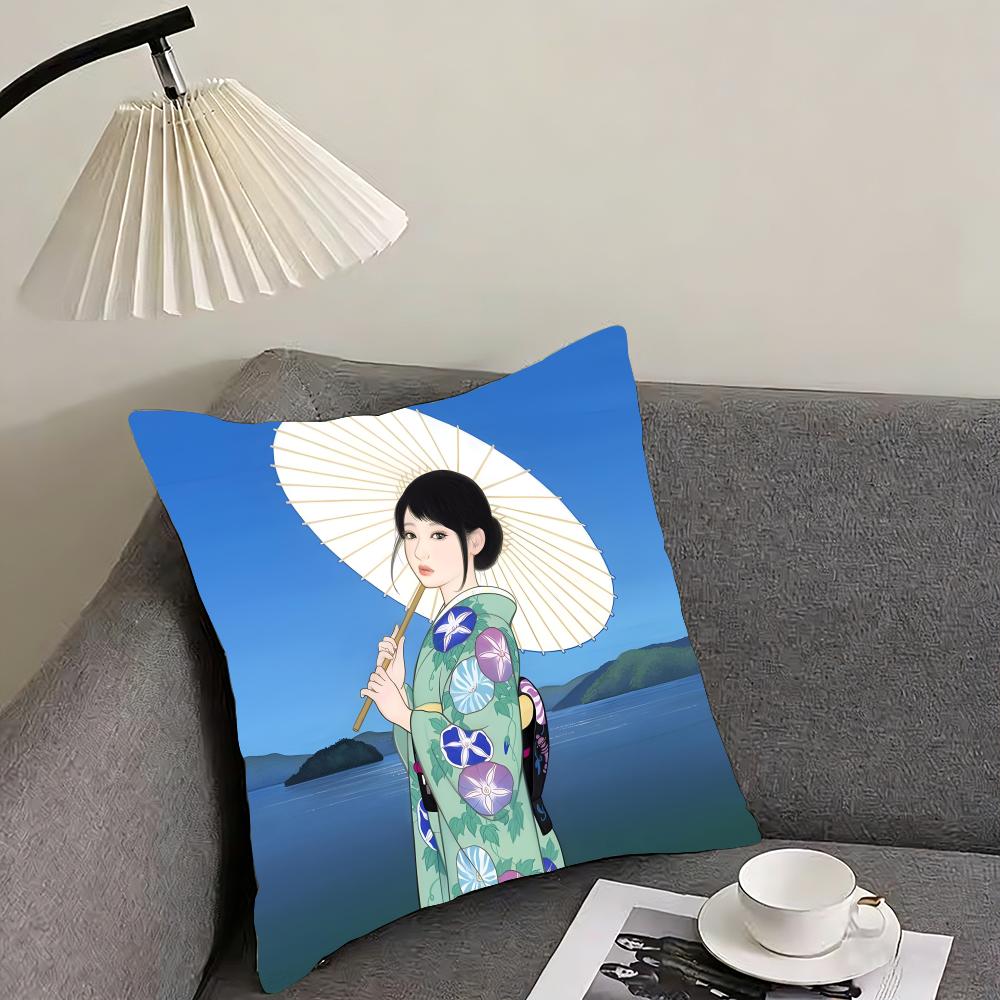 Kimono Girl Japanese Style Cushion Cover Pillowcase Ultra Soft Skin Friendly Fabric Cloud Like Comfort Concealed Zipper