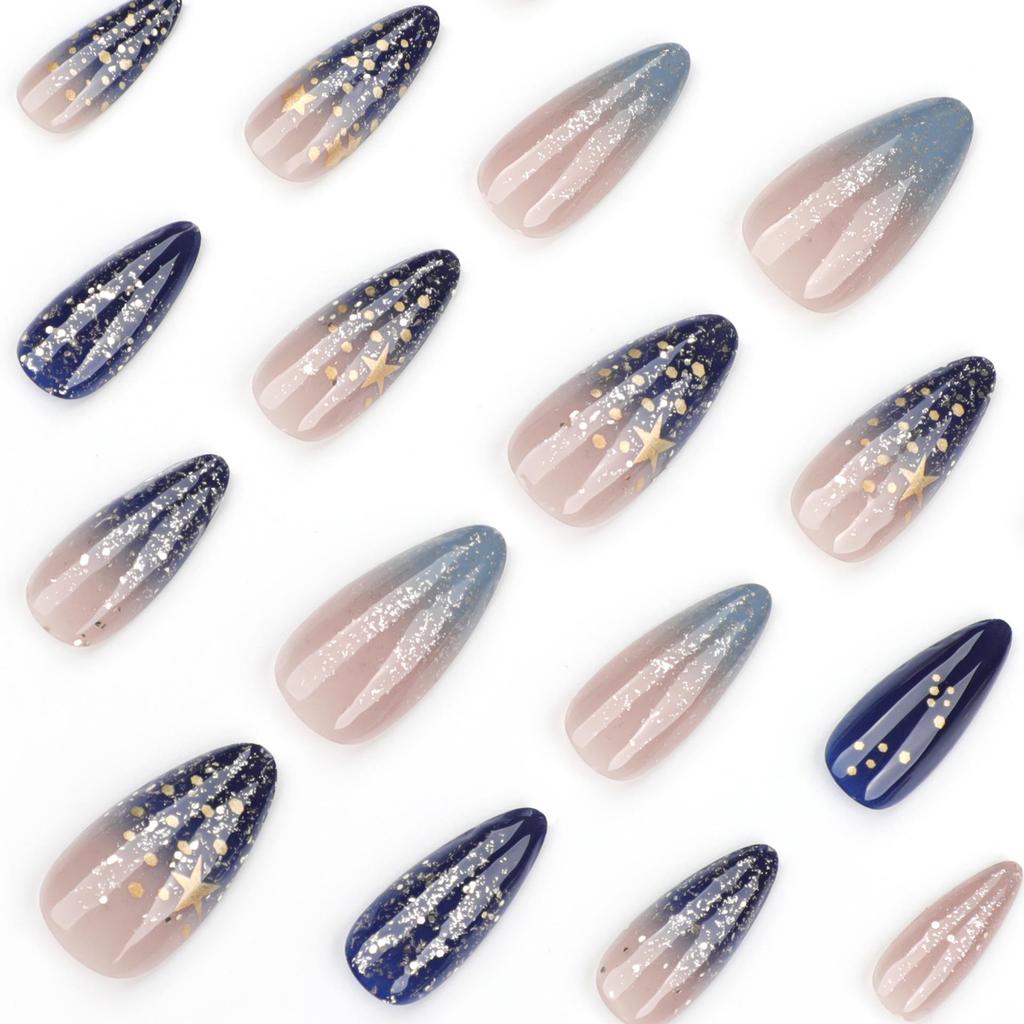 Short Spicy Star Almond Glitter Gradient False Nails