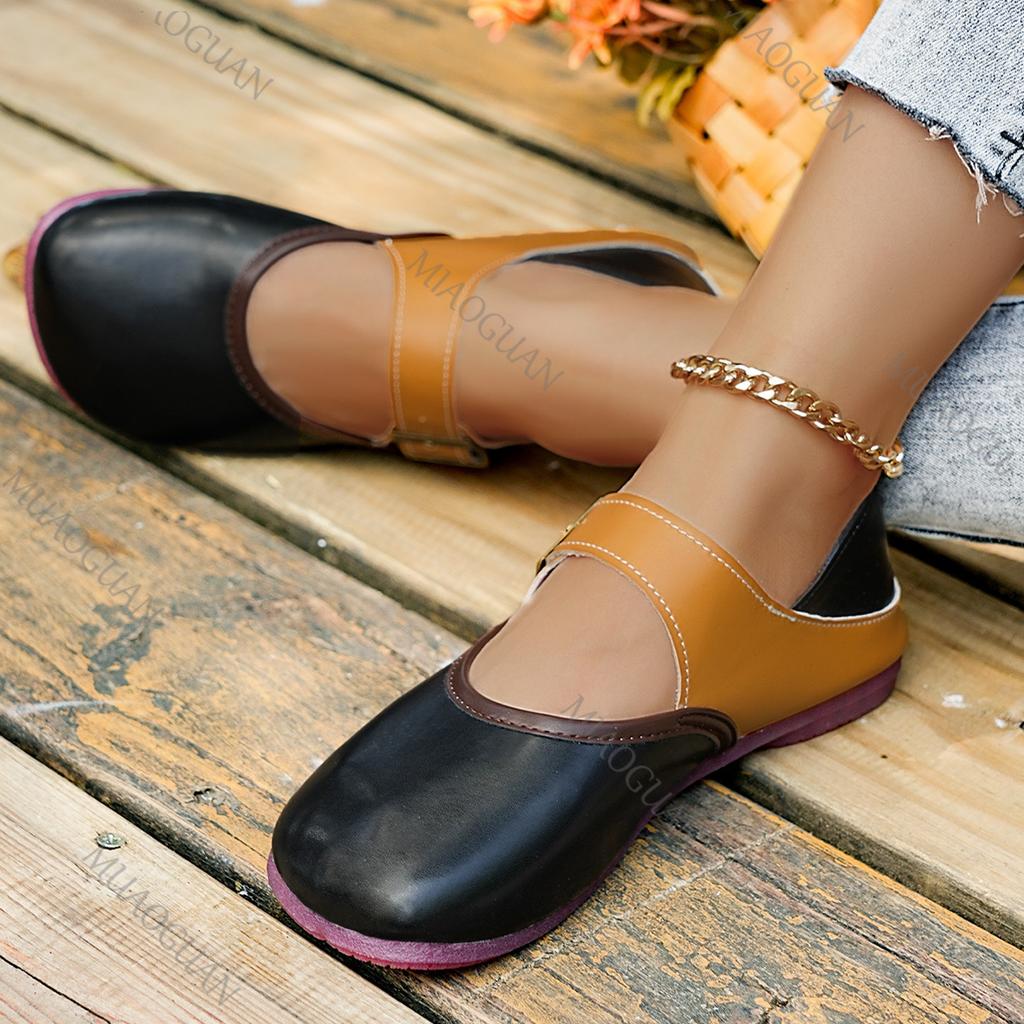 Mode Baotou Zwei Tragevarianten Einzelne Schuhe Damen Neu Frühling und Sommer Draußen Retro Flache Ballerinas Lässig Gürtelschnalle Farbblockierung Slipper