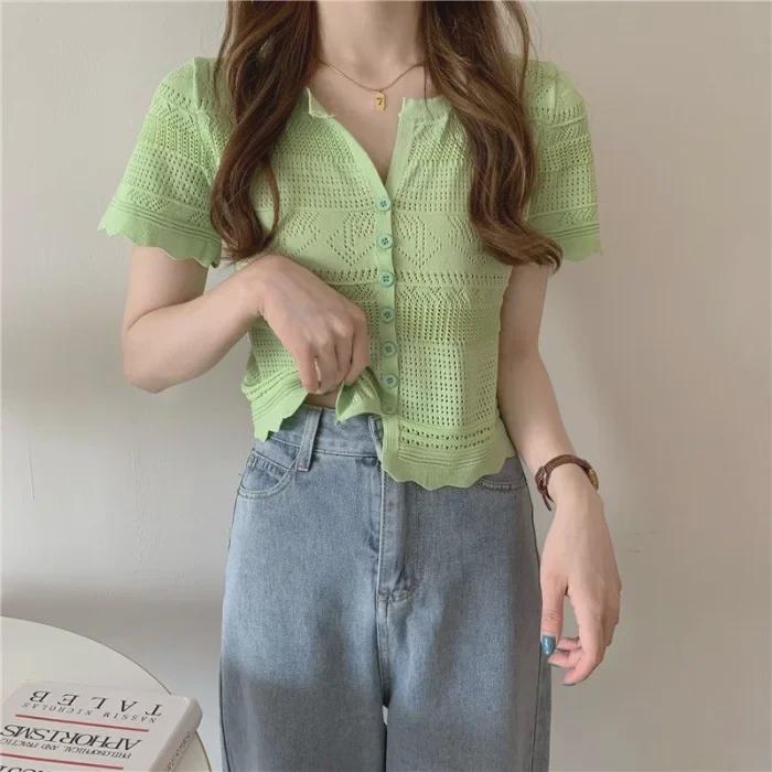 Women's Hollow Knit Cardigan - Short Sleeve, Mesh, Shawl Top, 2023 Spring/Summer Sunscreen Style