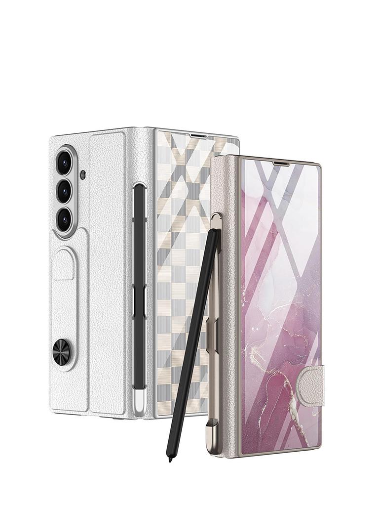 Samsung Z Fold7 5G Leather Flip Case with Glass Painting & Pen Slot