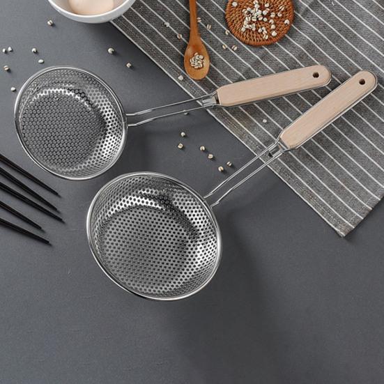 Edelstahl-Netz-Schaumlöffel mit Holzgriff, doppellagiges Sieb, Sieb für Frittieren, Abtropfen, Blanchieren, Hitzebeständiges Küchensieb für Fett