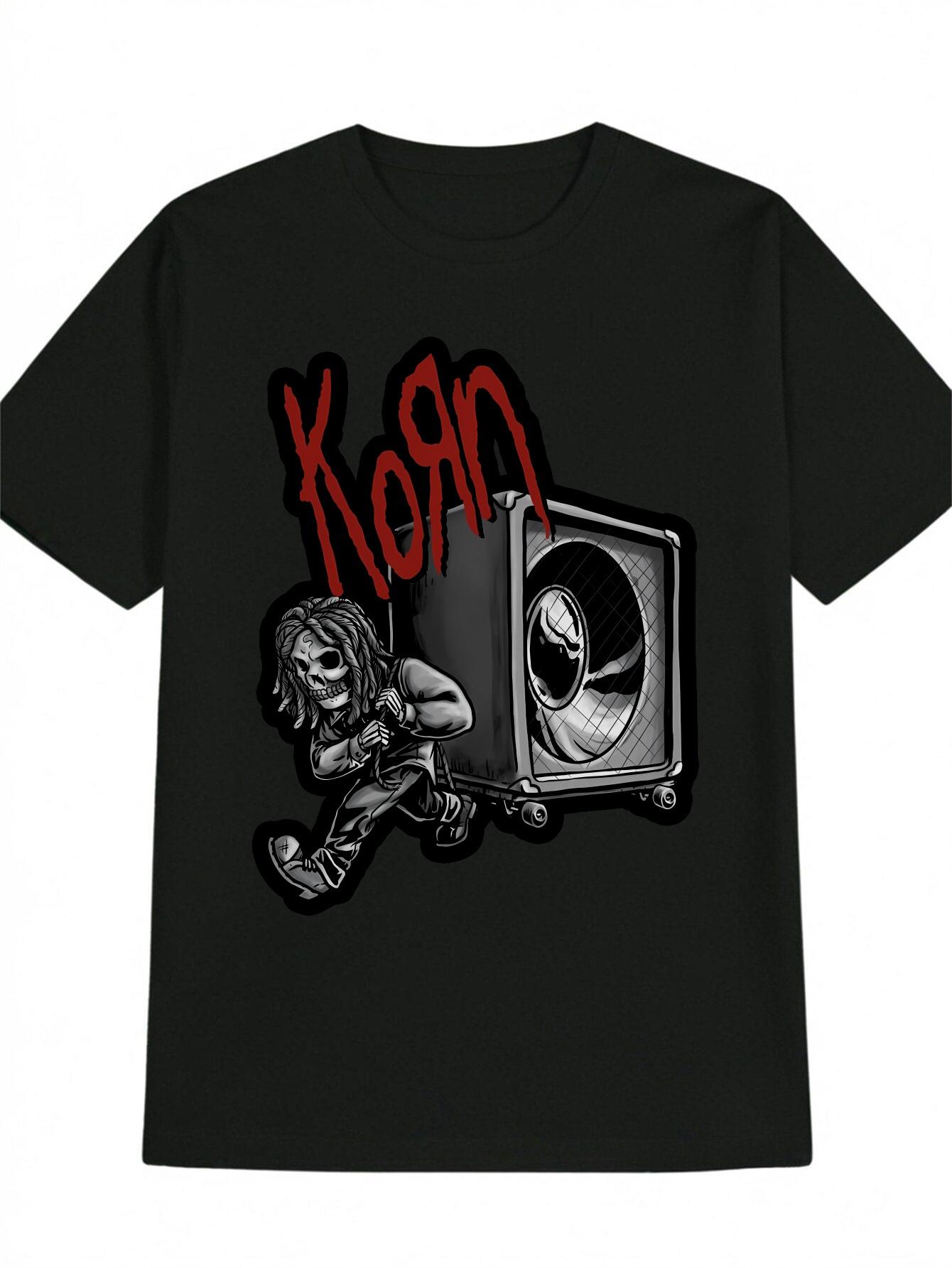 Casual Short Sleeve T-shirt with Edgy Skull & KORN Graphic Print - Black Round Neck Summer Tee M
