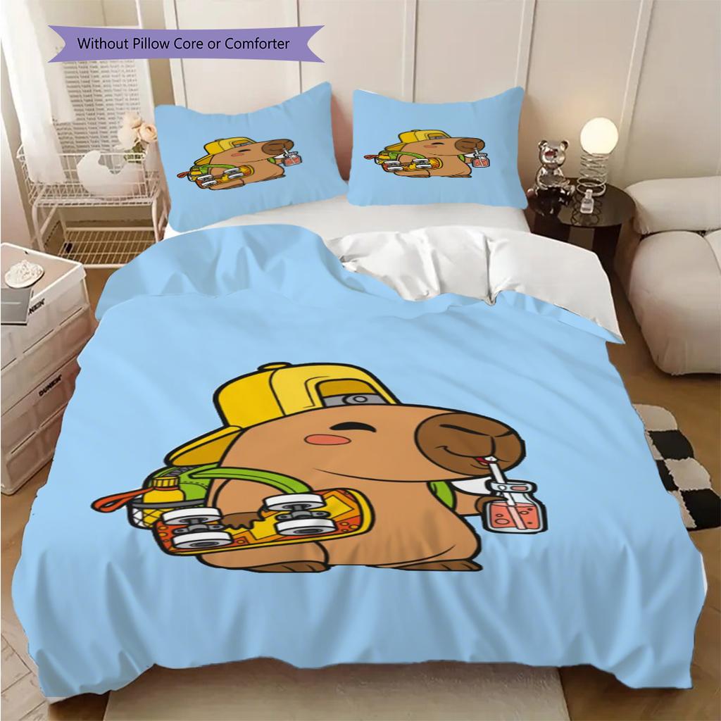 Adorable Capybara Backpack Drink Three-piece set (1 * duvet cover + 2 * pillowcase, without core) 2D Flat Soft and comfortable Bedding set