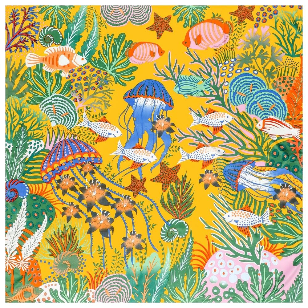 Silk Scarf Women Large Shawls Dream Underwater World Stoles Square Bandana Luxury Kerchief Hijab Scarf Female Foulards 130CM