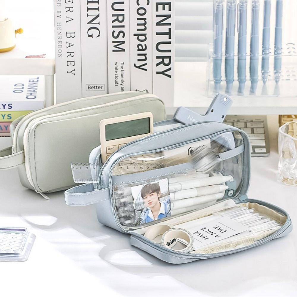 

Сумка для канцелярских принадлежностей большой емкости, портативный пенал, креативный органайзер для канцелярских принадлежностей, школьный офис бежевый