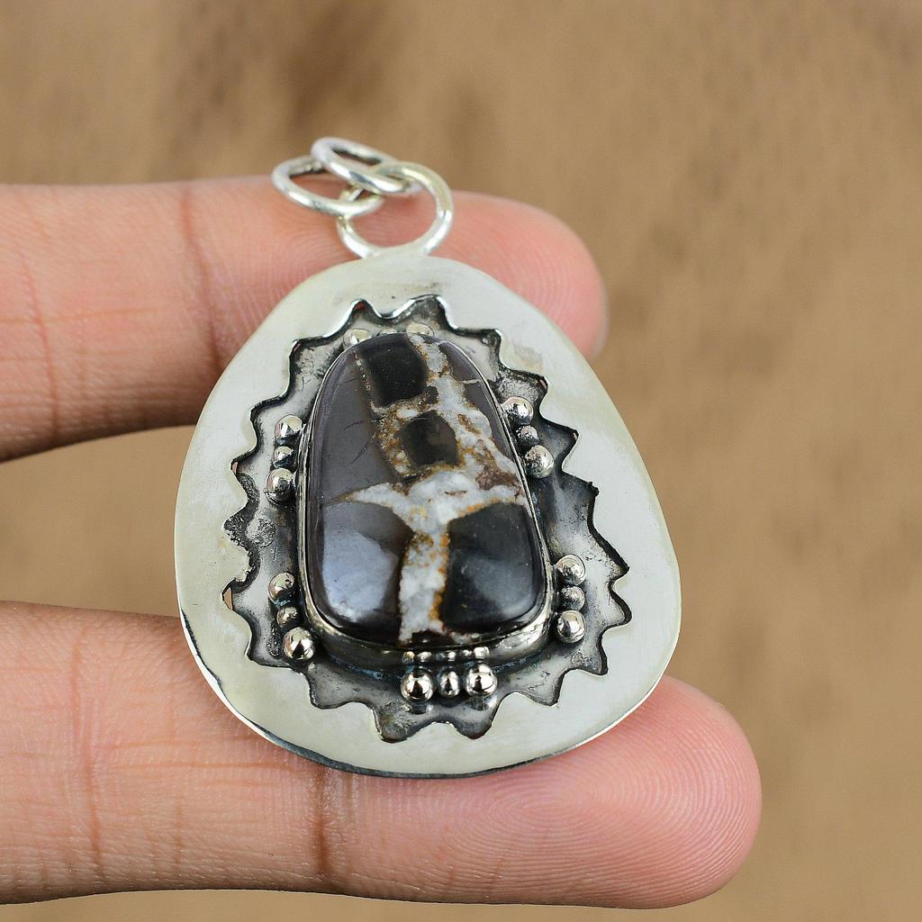 Natural Moroccan Mud Crack Fossil Gemstone Pendant Brown 925 Sterling Silver