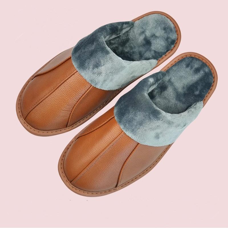 Luxury Cow Split Leather Handmade Men Home Slippers Winter Warm Slip On Soft Comfortable Bedroom Indoor Flat Men Women Padded Warm Slippers Shoes